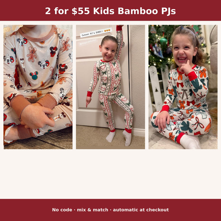 2 for $55 Kids Bamboo PJs — Magical Christmas Morning, Candy Cane Lane, and Christmas Bows