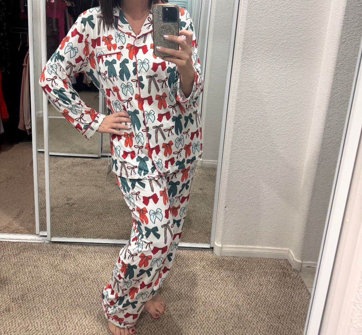 Christmas Bows Adult Button Down Set